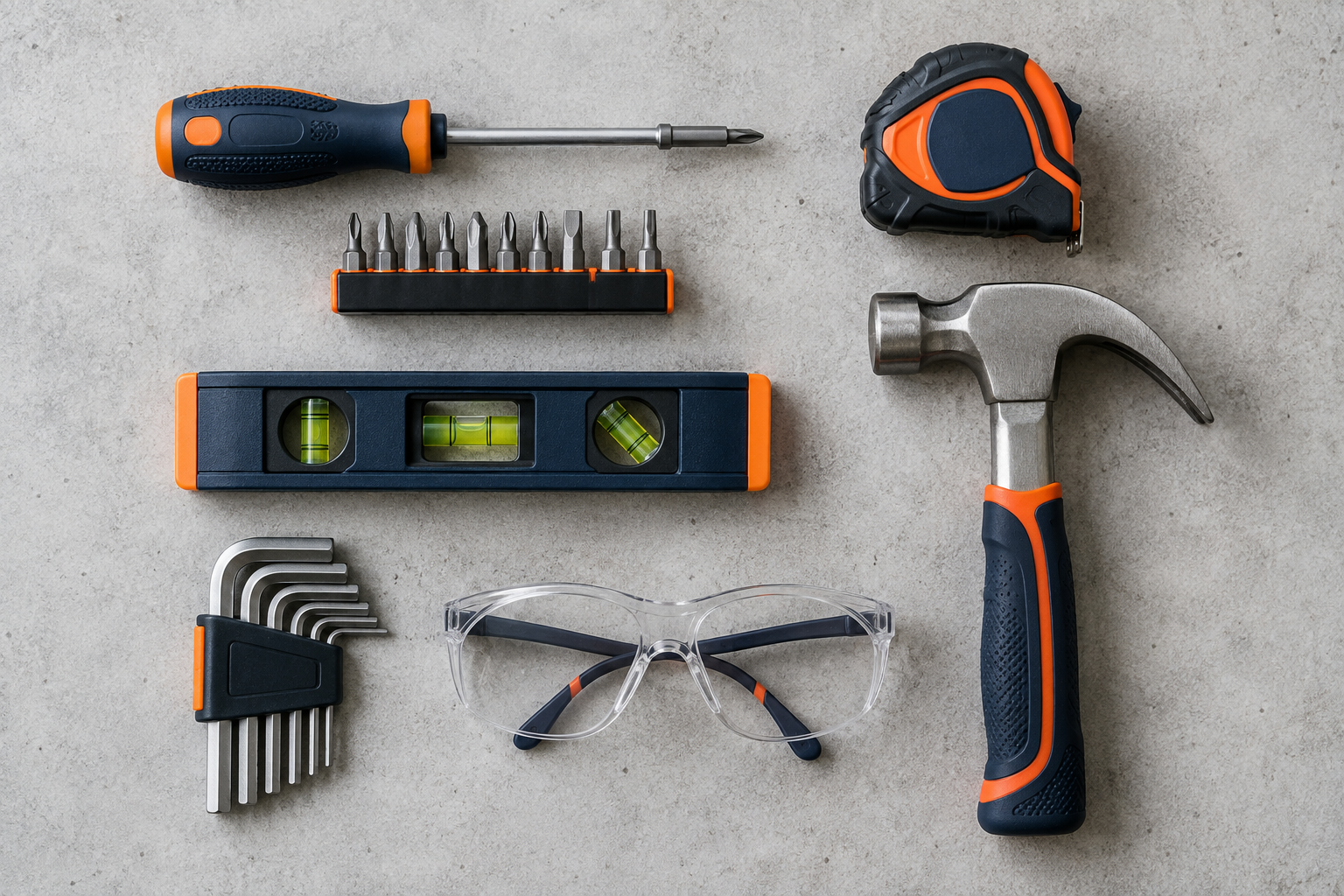 Illustrative layout of basic household tools including a screwdriver, tape measure, hex keys and level